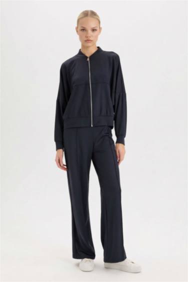 Kolej Yaka Fermuarlı Cepli Basic Düz Bomber Hırka