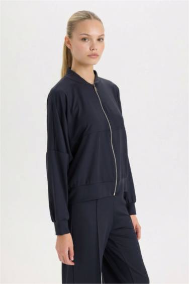 Kolej Yaka Fermuarlı Cepli Basic Düz Bomber Hırka