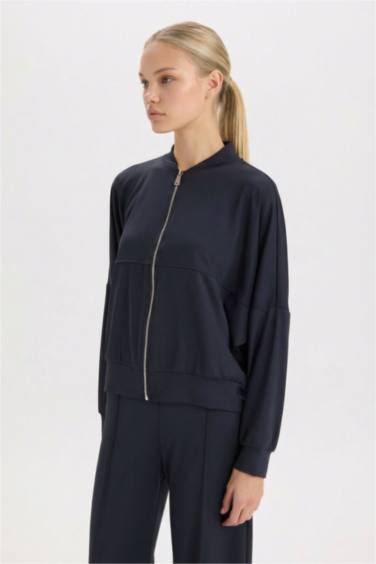 Kolej Yaka Fermuarlı Cepli Basic Düz Bomber Hırka