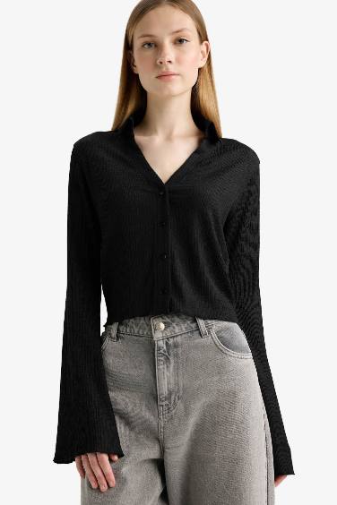 Fitted Shirt Collar Crepe Long Sleeve Shirt