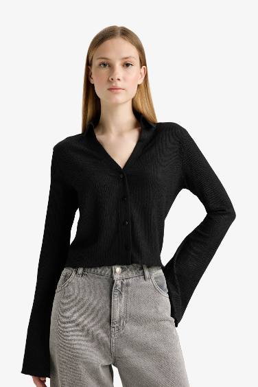 Fitted Shirt Collar Crepe Long Sleeve Shirt