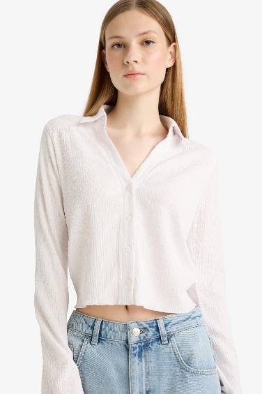 Fitted Shirt Collar Crepe Long Sleeve Shirt