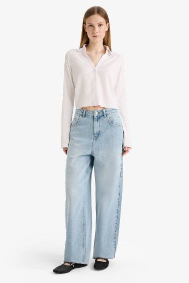 Fitted Shirt Collar Crepe Long Sleeve Shirt