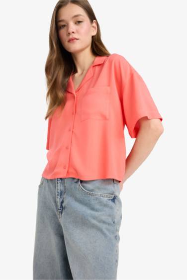 Cropped Fit Pajama Collar Short Sleeve Shirt