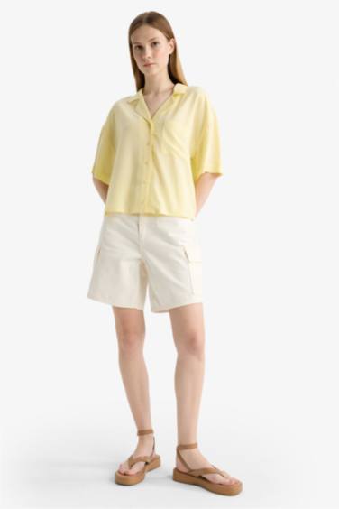 Cropped Fit Pajama Collar Short Sleeve Shirt