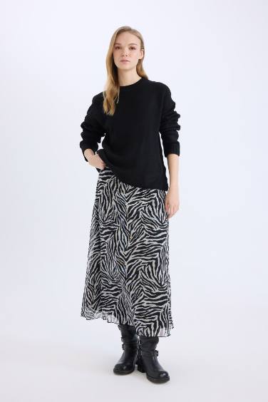 Flare Fit Zebra Patterned High Waist Tulle Maxi Skirt