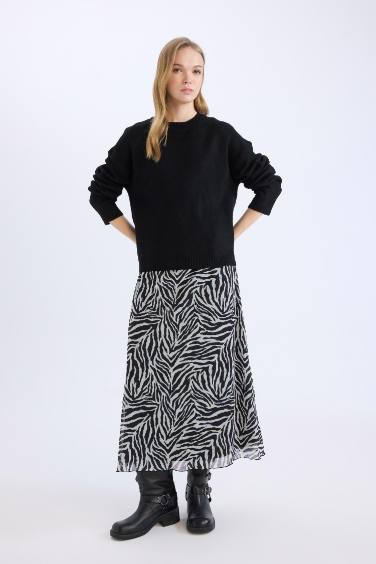 Flare Fit Zebra Patterned High Waist Tulle Maxi Skirt
