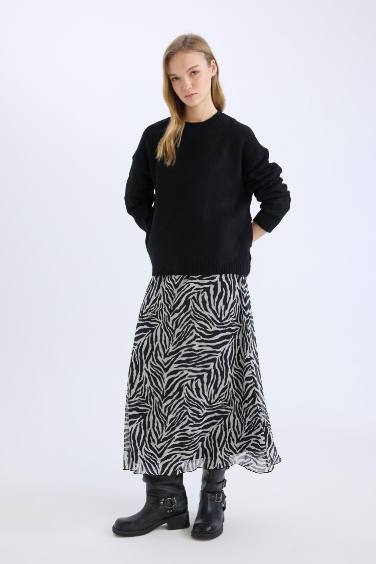 Flare Fit Zebra Patterned High Waist Tulle Maxi Skirt