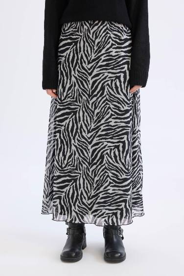 Flare Fit Zebra Patterned High Waist Tulle Maxi Skirt