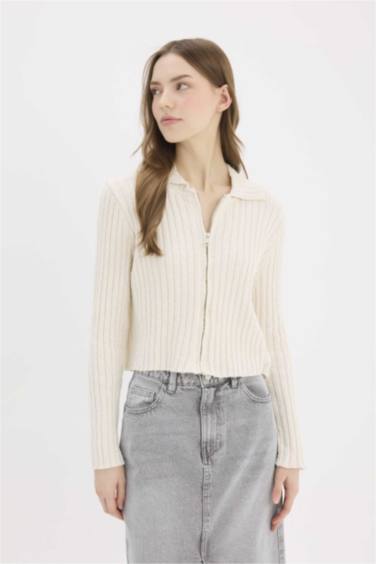 Slim Fit Dar Kesim Polo Yaka Fermuarlı Triko Hırka