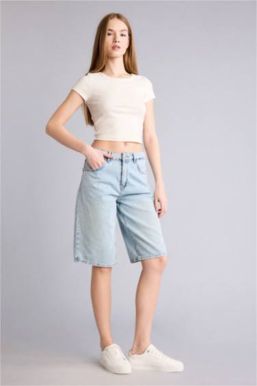 %100 Pamuk Yüksek Bel Jean Bermuda Şort - Görsel 3