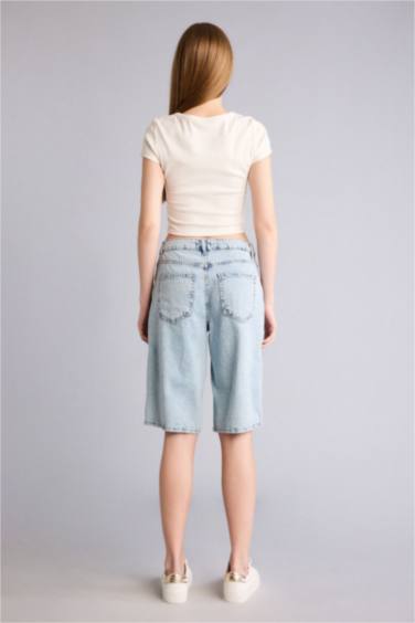 %100 Pamuk Yüksek Bel Jean Bermuda Şort - Görsel 5