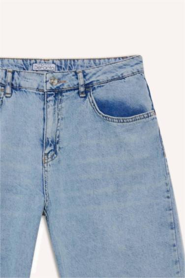 %100 Pamuk Yüksek Bel Jean Bermuda Şort - Görsel 7