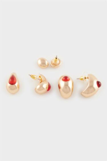 Kadın 3'lü Kırmızı Taşlı Küpe