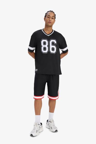 DeFactoFit Oversize Fit V Neck Printed Sports T-Shirt