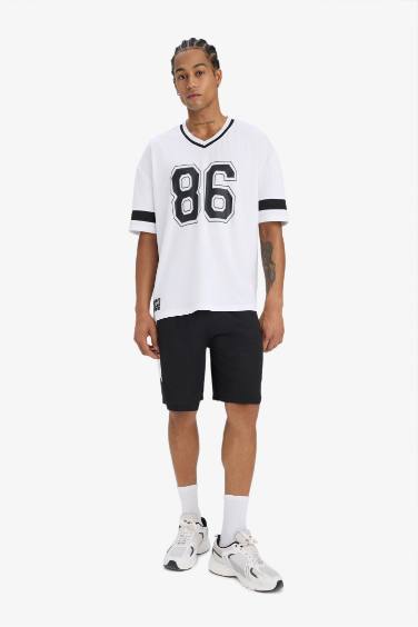 DeFactoFit Oversize Fit V Neck Printed Sports T-Shirt