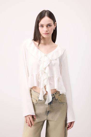 Regular Fit Önden Bağlamalı Krinkıl Viskon Uzun Kollu Bluz