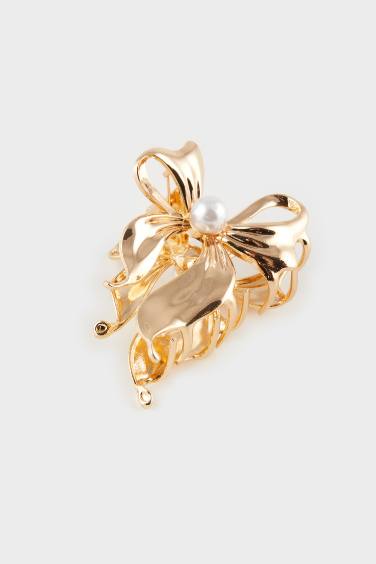 Woman Pearl Gold Ribbon Latch Hair Clip