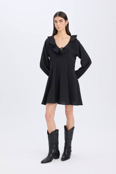 V Yaka Basic Düz Modal Uzun Kollu Siyah Mini Elbise