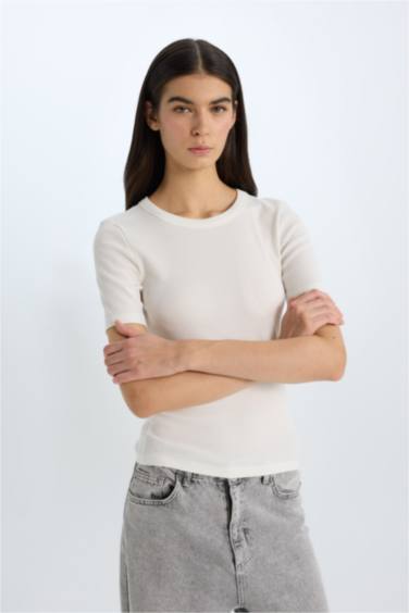 Slim Fit Crew Neck Basic Corduroy T-Shirt