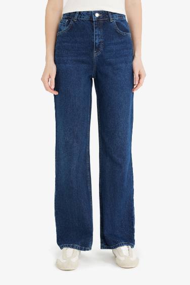 90's Wide Leg Yüksek Bel Uzun Jean Yıkamalı Pantolon