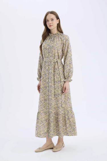 Bisiklet Yaka Desenli Kuşaklı Uzun Kollu Midi Elbise