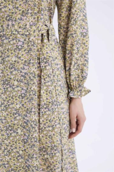 Bisiklet Yaka Desenli Kuşaklı Uzun Kollu Midi Elbise