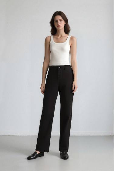 Straight Fit Gabardine High Waist Trousers