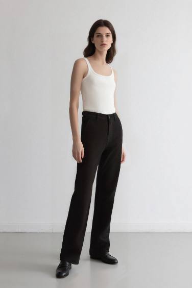 Straight Fit Gabardine High Waist Trousers