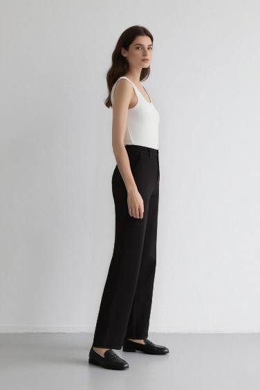 Straight Fit Gabardine High Waist Trousers