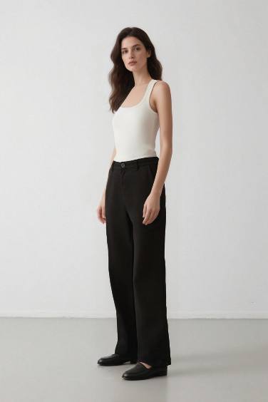 Straight Fit Gabardine High Waist Trousers