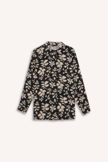 Oversize Fit Shirt Collar Printed Long Sleeve Tunic