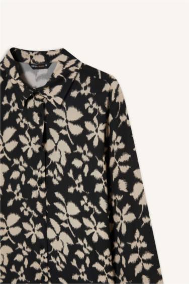 Oversize Fit Shirt Collar Printed Long Sleeve Tunic