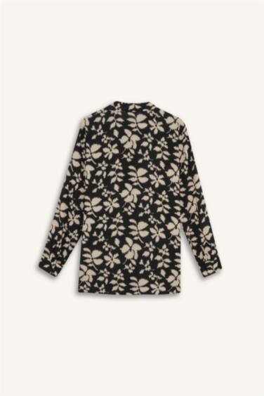 Oversize Fit Shirt Collar Printed Long Sleeve Tunic