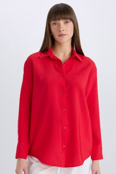 Oversize Fit Basic Long Sleeve Red Shirt