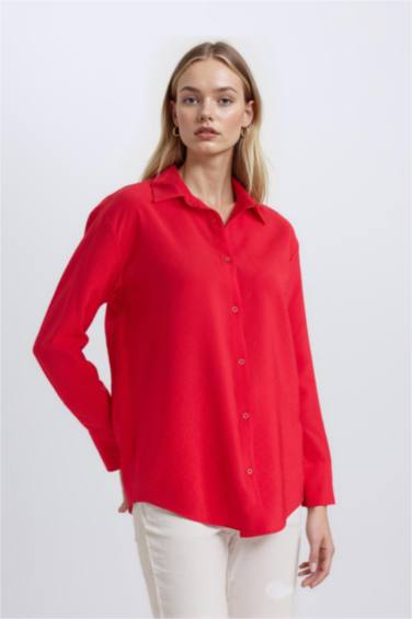 Oversize Geniş Kalıp Basic Düz Uzun Kollu Kırmızı Gömlek