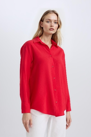 Oversize Geniş Kalıp Basic Düz Uzun Kollu Kırmızı Gömlek