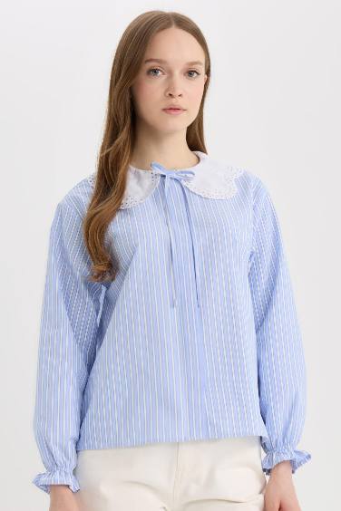 Regular Fit Geniş Yakalı Çizgili Poplin Uzun Kollu Gömlek Tunik