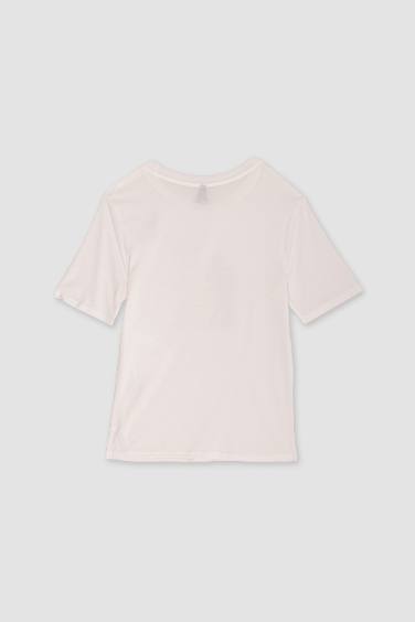 تيشيرت نص كم قصة عادية بياقة مستديرة