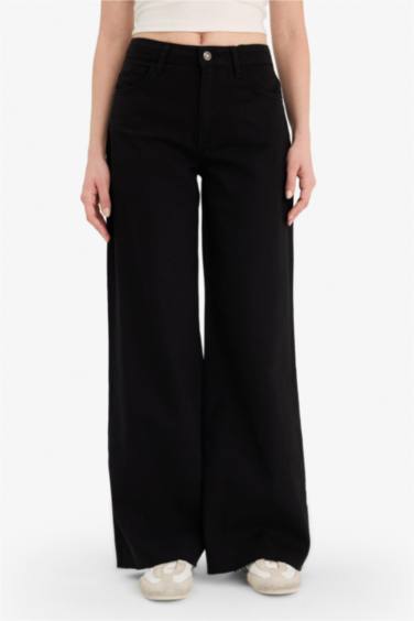 %100 Pamuk Wıde Leg Normal Bel Gabardin Pantolon - Görsel 4