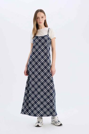 Slip V-Neck Plaid Midi Dress