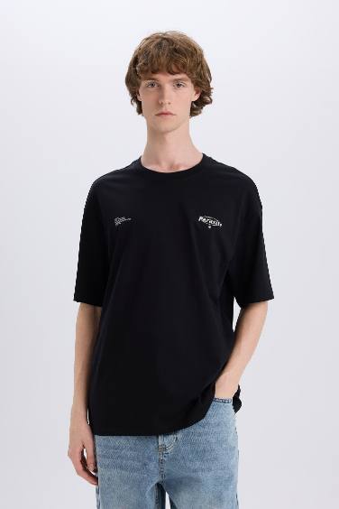 Cotton Boxy Fit Crew Neck Back Printed T-Shirt