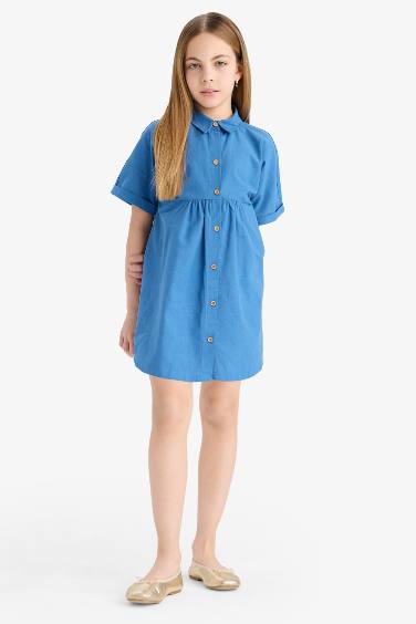 Girl Shirt Collar Cotton Short Sleeve Dress