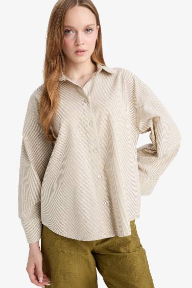 Relax Fit Keten Karışımlı Uzun Kollu Gömlek