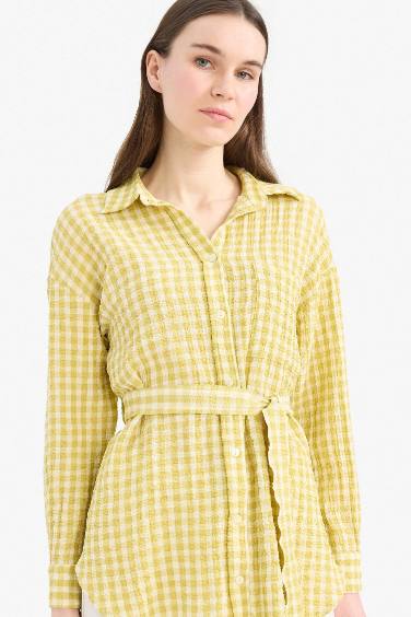 Relax Fit Gingham Seersucker Textured Long Sleeve Tunic