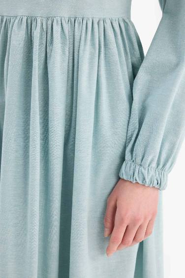 Bisiklet Yaka Keten Karışımlı Uzun Kollu Maxi Elbise