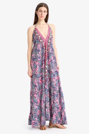 Regular Fit Etnik Desenli Boyundan Bağlamalı Maxi Plaj Elbisesi-Fall in Love