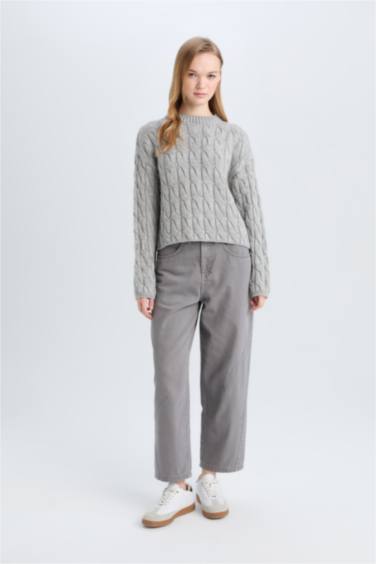 Coool Regular Fit Bisiklet Yaka Saç Örgülü Triko Kazak