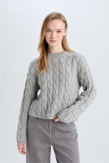 Coool Regular Fit Bisiklet Yaka Saç Örgülü Triko Kazak