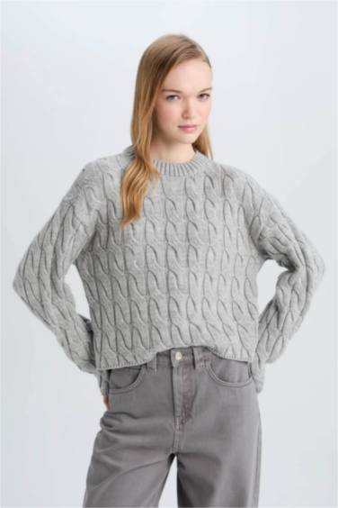 Coool Regular Fit Bisiklet Yaka Saç Örgülü Triko Kazak